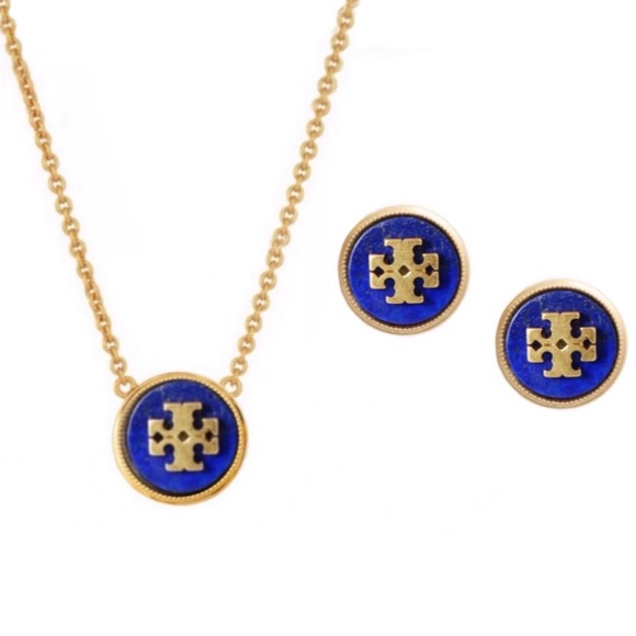 TORY BURCH • Blue Lapis Semiprecious Stone Necklace Earrings Matching Logo Set